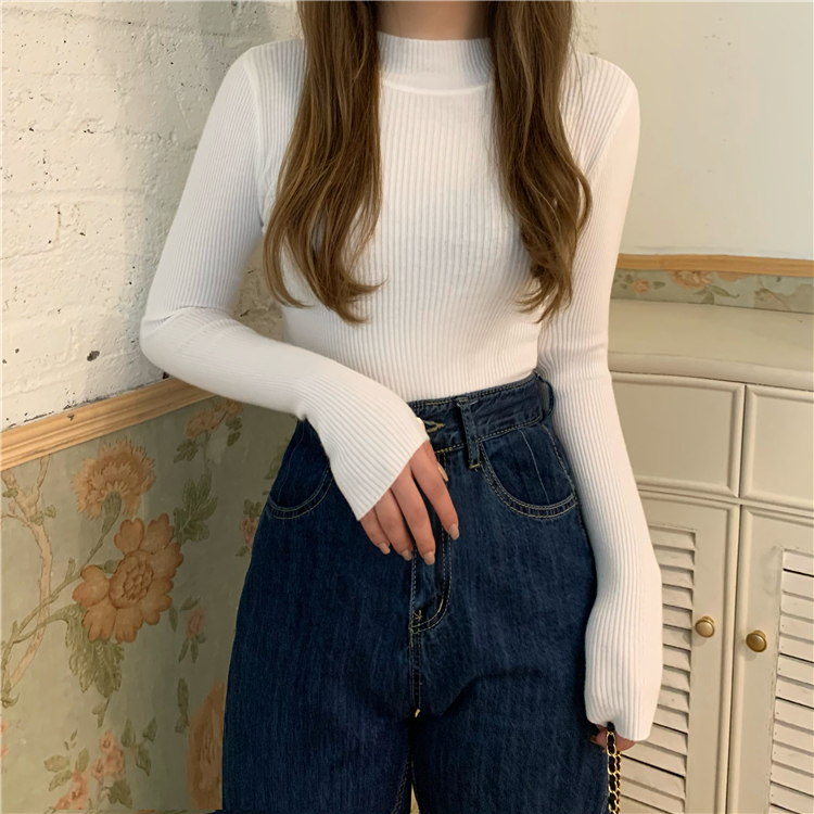 Real price real shot Korean version of solid color basic half turtleneck bottoming shirt tight top women's long-sleeved knitted sweater