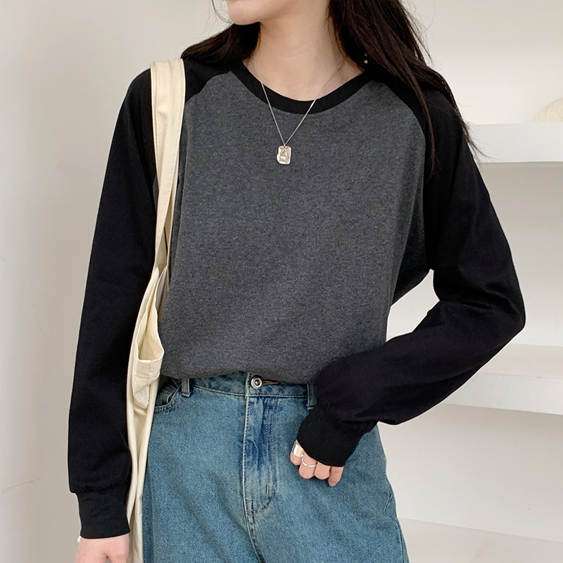 Real shot real price hit color stitching long-sleeved t-shirt women's spring and autumn thin section loose with a thin retro bottoming shirt top
