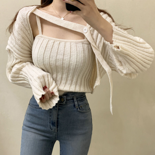 Net price autumn new camisole knitted cardigan two-piece design sweater jacket women