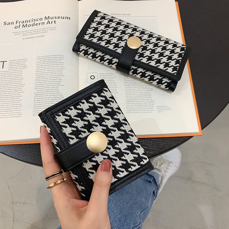 New Houndstooth Canvas Small Wallet Women's Short Contrast Color Folding Coin Clip Multi-card Buckle Long Clutch