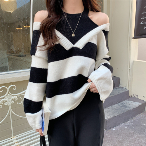 Real shooting real price Design sense halter neck off-shoulder loose striped knitted sweater mid-length top