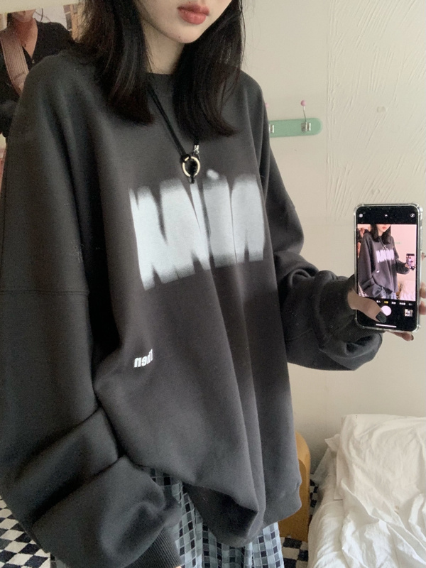 Real shot Fuzzy letter printing round neck pullover gray sweater loose and thin all-match top