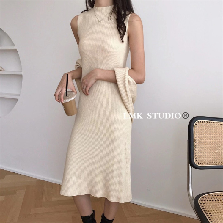 【LMK】Knitted long-sleeved short coat + vest knitted midi skirt suit 62017# HJY