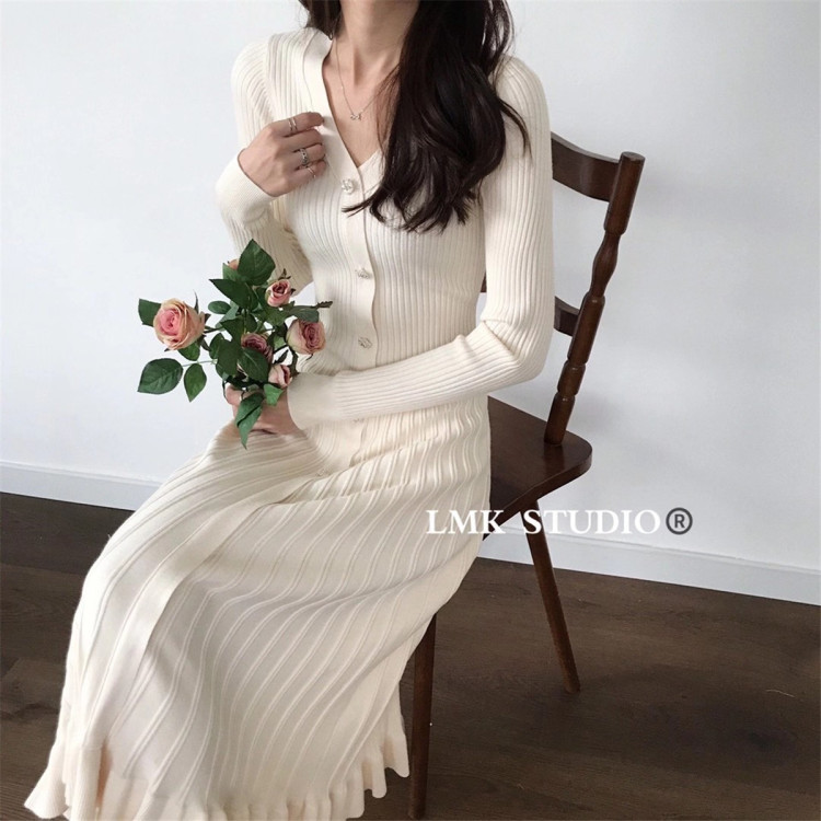 【LMK】Little Woman Lightweight Slim Fit V-Neck Dress 8282# HJY