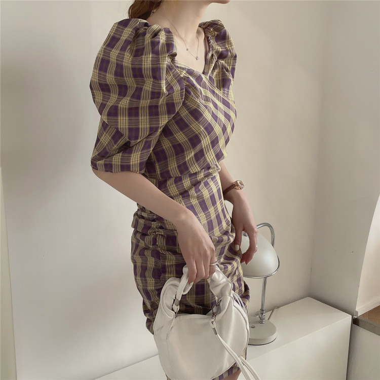 【LMK】Korean Classic Plaid Puff Sleeve Slim Dress 2029# HJY