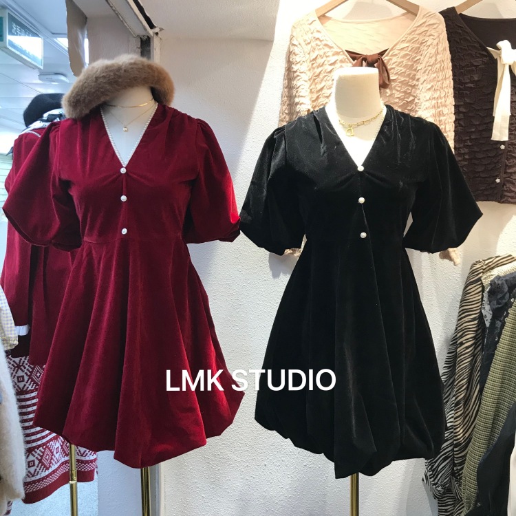 【LMK】V-neck lantern short-sleeved velvet dress 8081# HJY