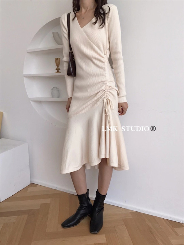 【LMK】V-neck waist knitted fishtail dress 8286# HJY