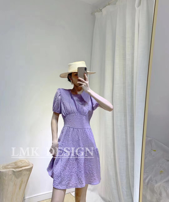 【LMK】Round Neck Waist Korean Ladies Bubble Pleated Dress 8020# HJY