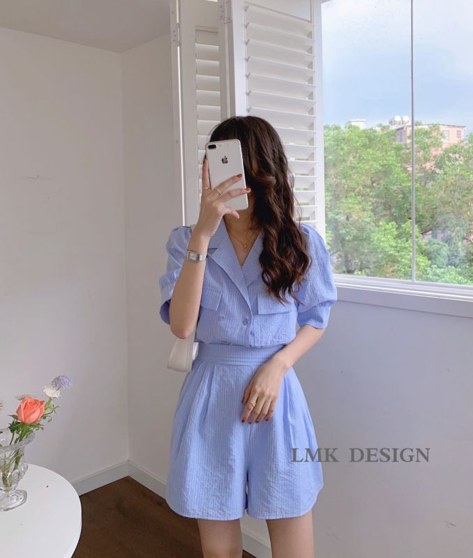 【LMK】Personalized Striped Double-Breasted Shirt + Comfortable Casual Shorts Two-piece Suit 2115# HJY