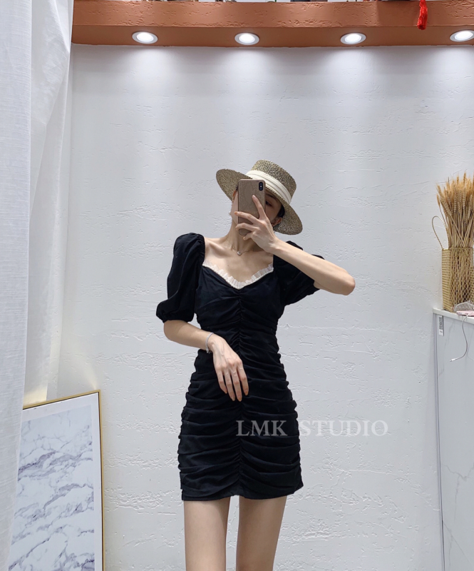【LMK】Beaded design temperament pleated slim dress 2022# HJY