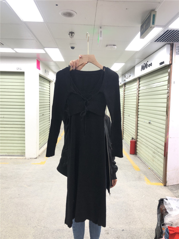 [LMK] Temperament solid color slim long-sleeved shirt + all-match suspender black skirt suit 7811# HJY