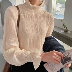 Chiffon bottoming shirt women's spring and autumn new Korean version loose ruffled half turtleneck top with fairy-like and foreign-style shirt inside