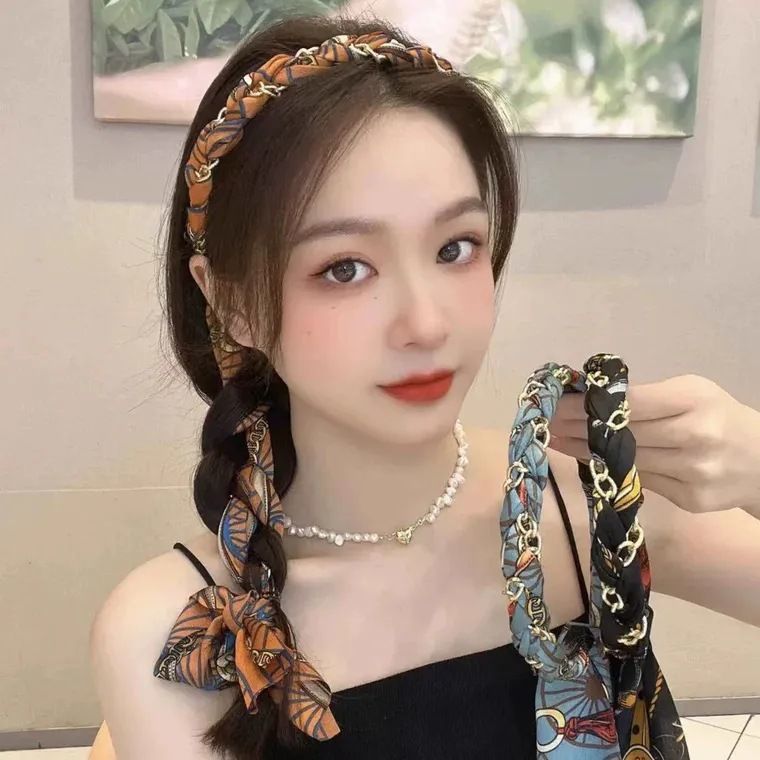 Retro chain hair hoop satin fabric pressure hair clip head hoop streamer hair band female tied hair a system braided hair accessories summer