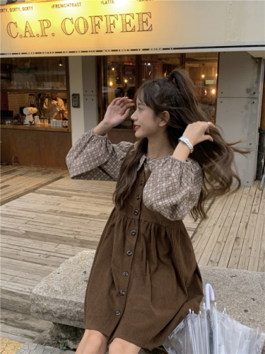 Real Price Loose Puff Sleeve Shirt + Corduroy Vest Skirt Two-piece Set