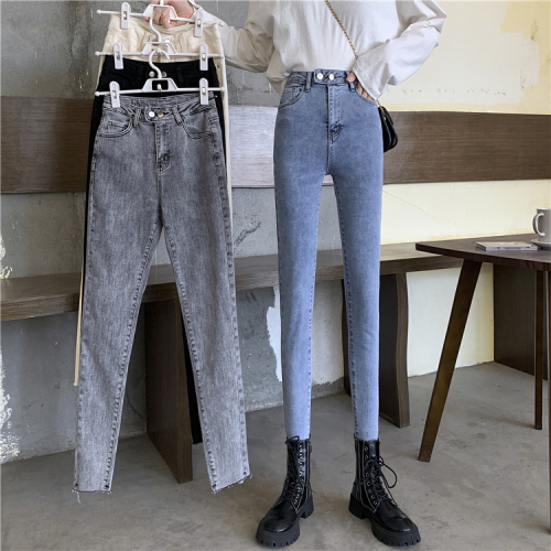Real shot 2022 new jeans women's slim fit and thin feet Korean version of high waist denim trousers are trending in