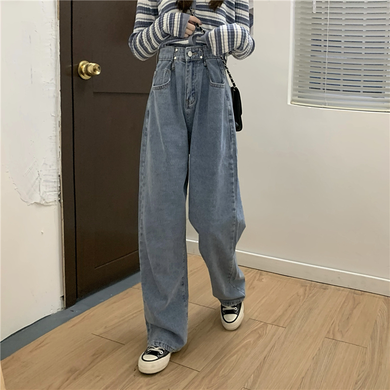 Real shot real price retro high waist thin lazy straight trousers floor mopping trousers all-match wide-leg jeans