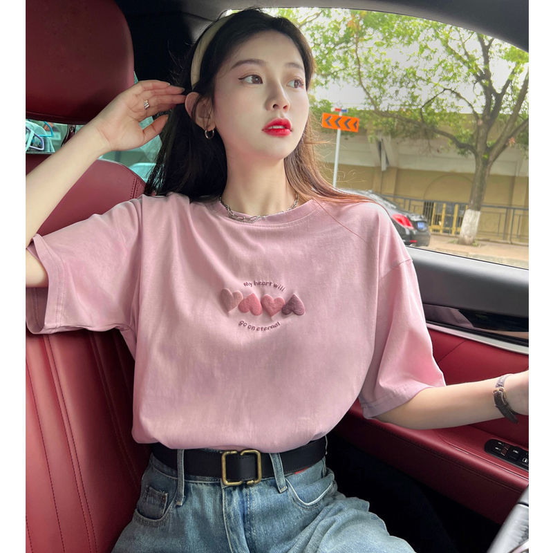 Thin cotton love letter T-shirt women's summer 2022 new ins round neck loose and thin short-sleeved couple tops