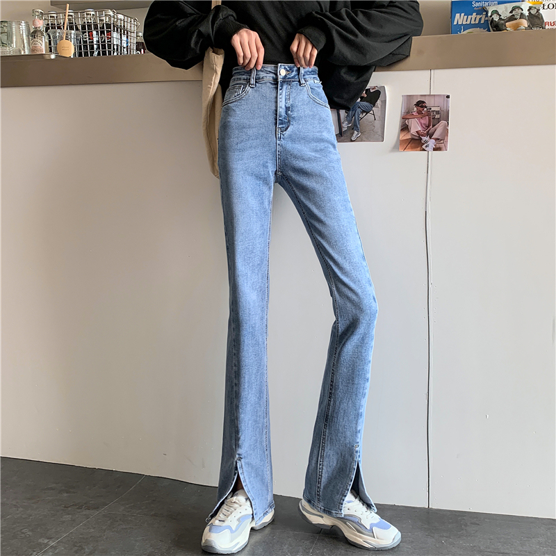 Real shot hot girl split jeans women's high waist was thin wide leg straight trousers jeans
