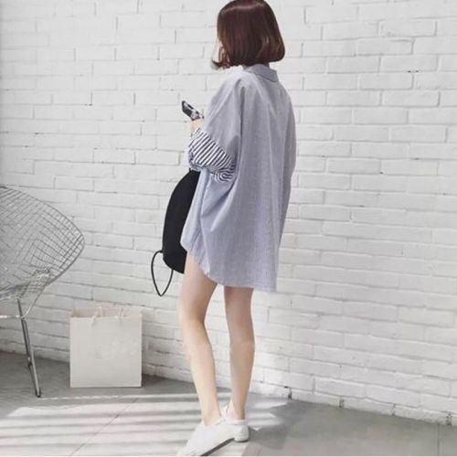 Spring Striped Shirts Women's Mid-Length Long Sleeves Large Size Student Versatile Loose Korean Fan Boyfriend Wind Jacket Village Coat