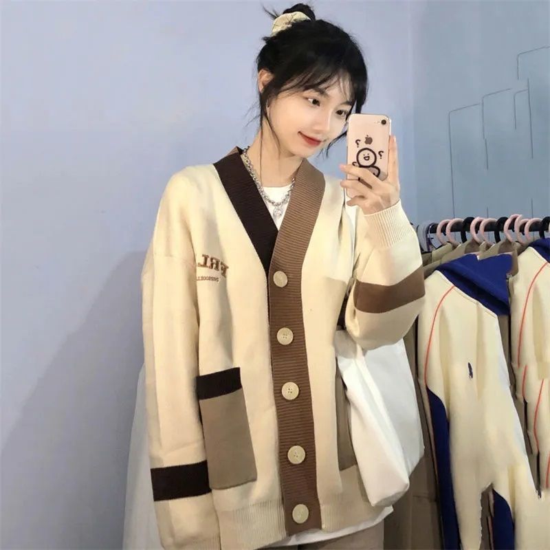 Autumn and winter new college style V-neck contrast letter embroidery sweater coat female student loose all-match knitted cardigan