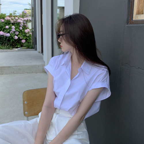 Korean chic casual fashion design sense niche short-sleeved shirt women's  summer single-breasted lapel top