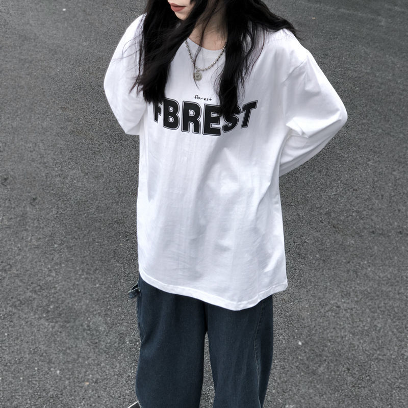 100% cotton long-sleeved t-shirt female spring new student Korean version loose letter printing white bottoming shirt ins tide
