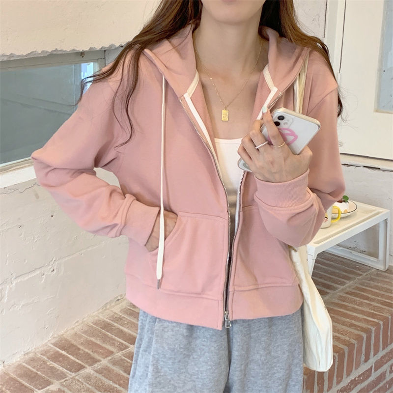 Man Xueyuan double hood short jacket women's 2022 spring and autumn new zipper hooded cardigan thin section student sweater trend