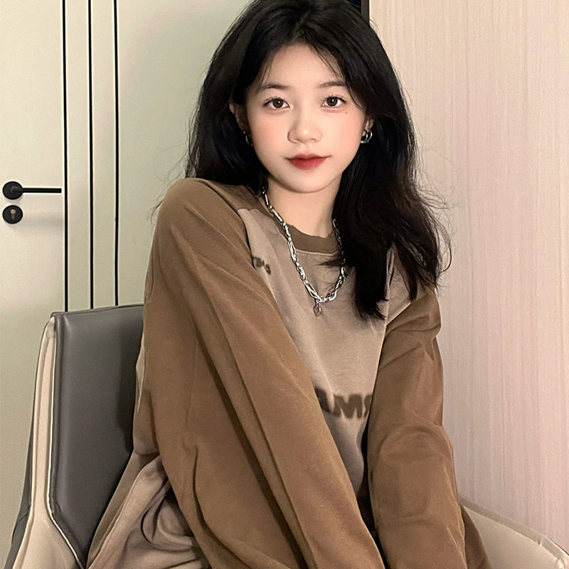 Autumn new cotton retro tide brand printing round neck sweater female student Korean version loose ins long-sleeved top