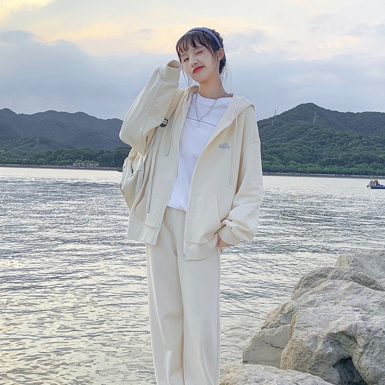 Spring and autumn thin new hooded outer wear thin sweater loose cream yellow zipper cardigan long-sleeved all-match coat women