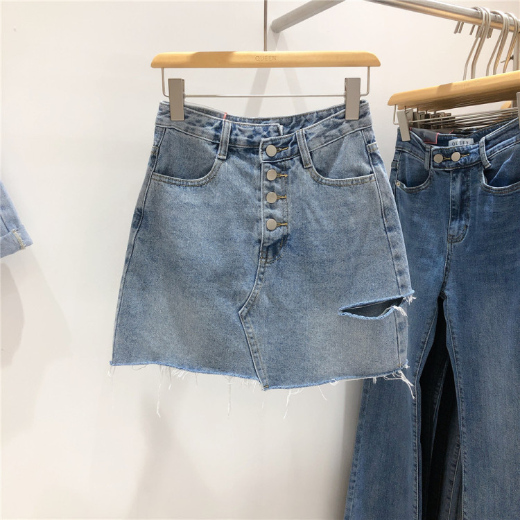 【QUEEN1】Casual single-breasted ripped denim skirt 337# OZQ