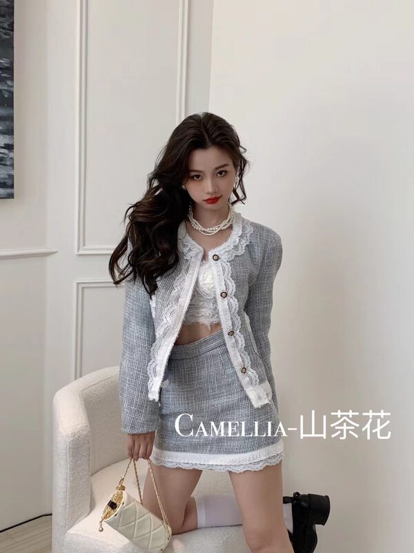 Early autumn new style!【CAMELLIA】Celebrity style temperament lace short jacket + short skirt suit 9899# HJY