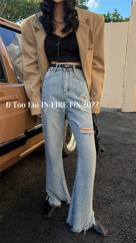 New in early autumn!【DTOO.LIN】Ripped and raw loose jeans (with belt) HY15A# OZQ
