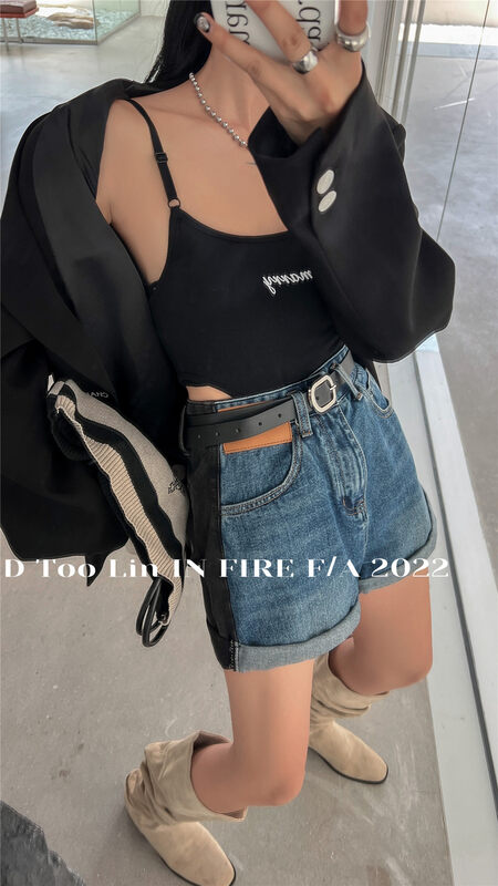 New in early autumn!【DTOO.LIN】Color-blocked hem loose denim shorts (with belt) N22A# OZQ