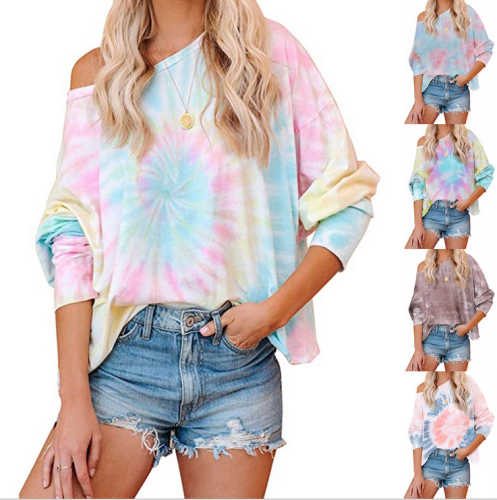 European beauty top Amazon hot style tie-dye gradient printing long-sleeved round neck casual pullover sweater