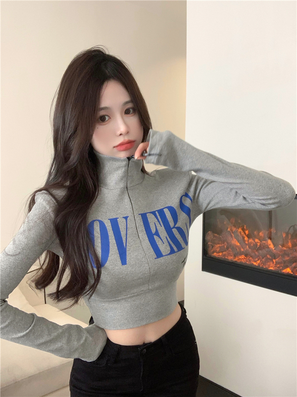 Real Shot ~ Net Price Letter Print Versatile Slim Fit Short Pull-Sleeve High Neck Long Sleeve T-Shirt Women