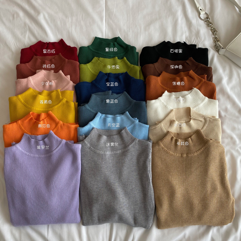 Real price real shot Korean version of solid color basic half turtleneck bottoming shirt tight top women's autumn long-sleeved knitted sweater