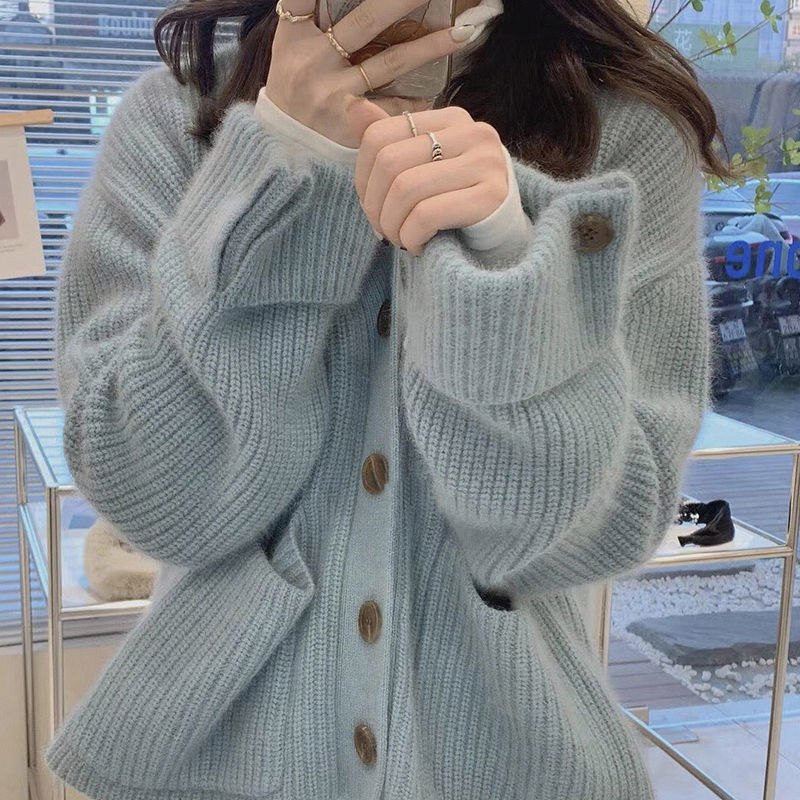 Mori's first love milk blue soft waxy sweater cardigan Korean version of the niche design cufflinks large pocket knitted sweater jacket