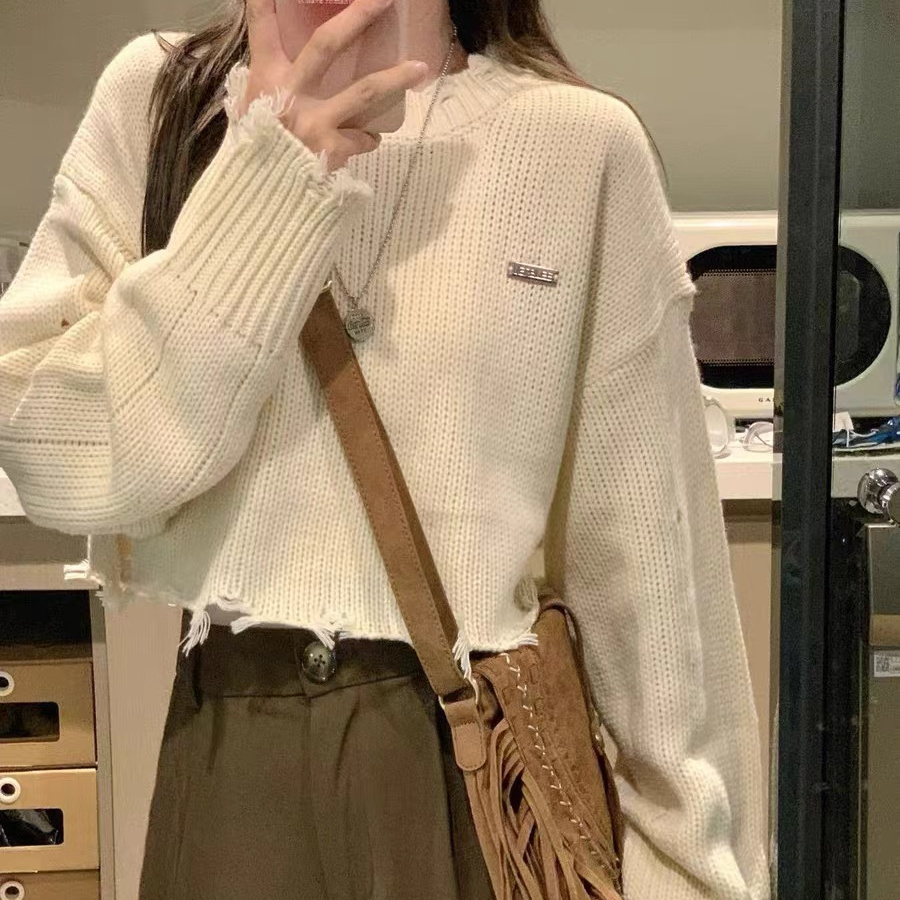 2022 autumn and winter sweater women's new lazy style y2k millennial hot girl loose soft waxy short design top
