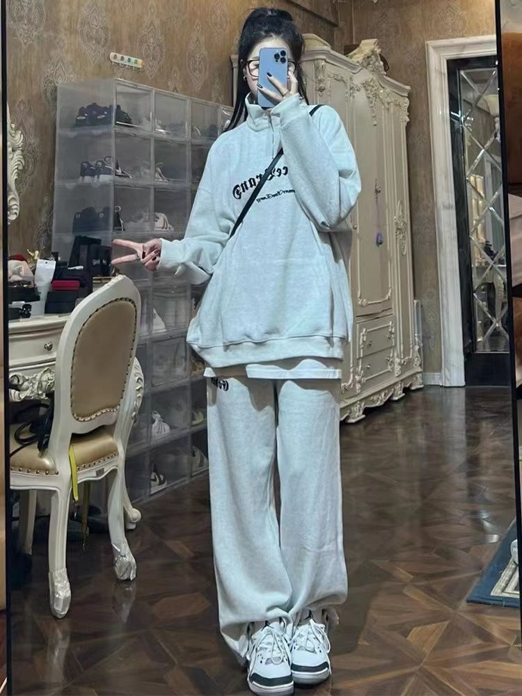 American street style sportswear suit female spring and autumn student loose casual POLO shirt sweater sweater two-piece set