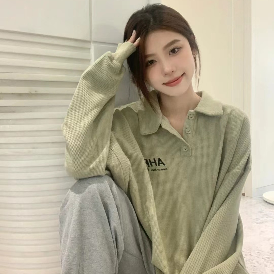 American college style POLO collar waffle sweater women's loose all-match casual lapel long-sleeved top spring and summer ins