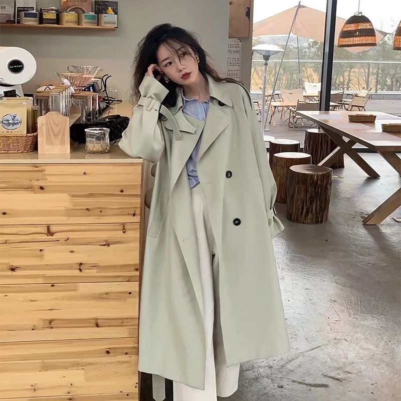 Bean green trench coat women's autumn 2022 new mid-length Hepburn style small chic coat women
