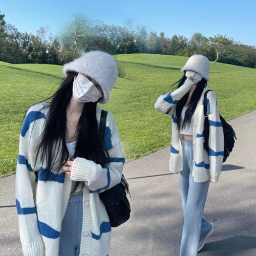 Contrast color striped knitted sweater women's cardigan loose and lazy style all-match college style Korean Dongdaemun wear jacket