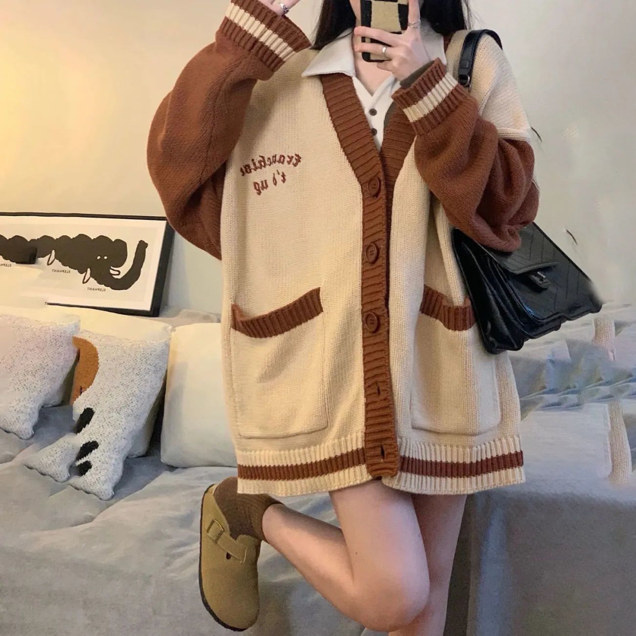 Autumn and winter sweet college style letter embroidery color matching V-neck loose all-match knitted cardigan sweater schoolgirl coat