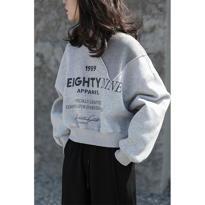Grey letter round neck sweater women's 2022 new spring design small Korean version loose all-match short coat