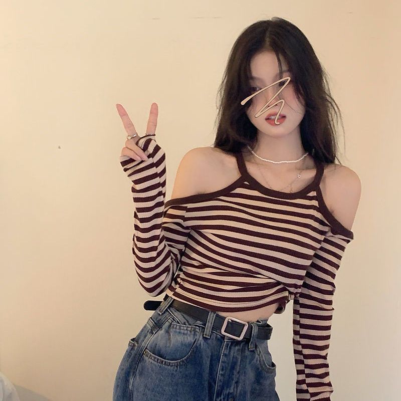 Sweet Spice Tops Women's Design Sensation Niche 2022 New Spring Autumn Pure Desire Style American Off-the-shoulder Bottoming Shirts