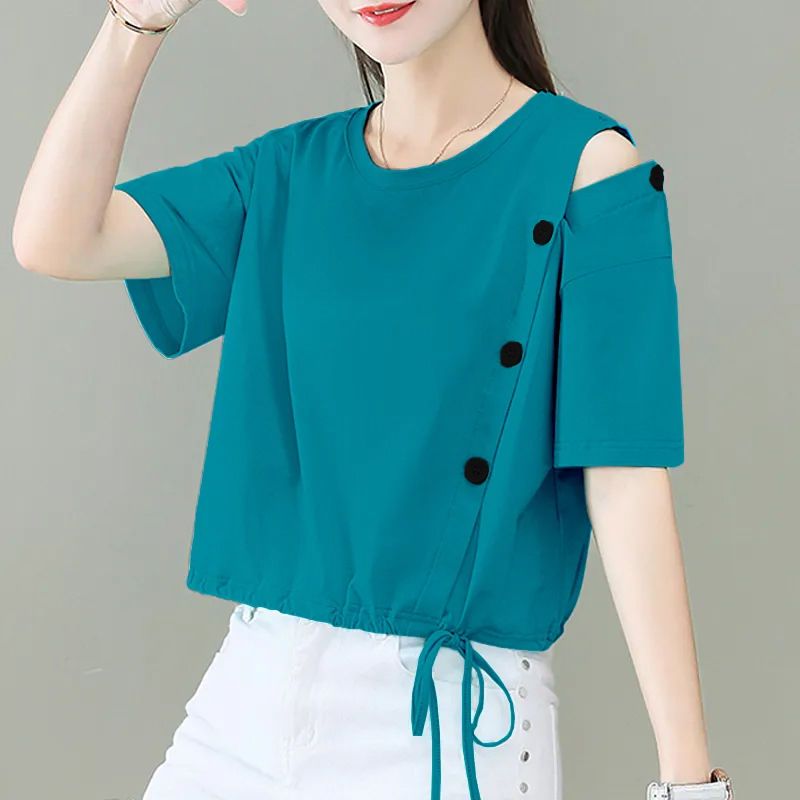 Short loose sweater women's cotton niche solid color 2022 summer new high-waisted short-sleeved off-the-shoulder top women's