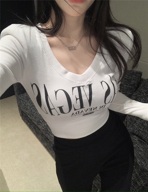 Real Shooting ~ Real Price High Waist Short BM Style Bottoming Top V-Neck Letter Print Versatile Slim Long Sleeve T-Shirt Women