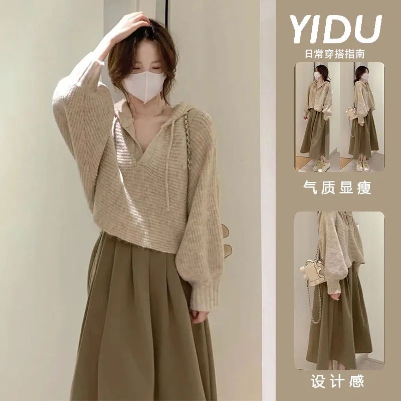 Fashion women's autumn suit women's 2022 new style lazy style age-reducing temperament sweater high waist skirt two-piece set