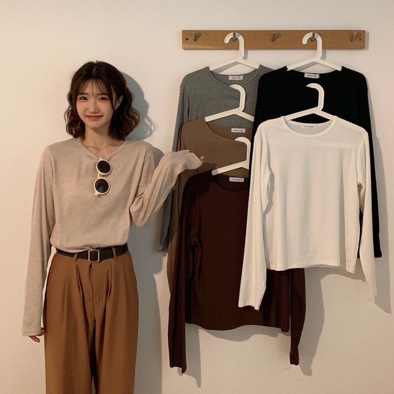 Real price real shot brushed solid color round neck all-match student pullover long-sleeved T-shirt women's bottoming top