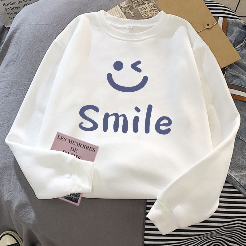 Round neck sweater women's autumn and winter new white long-sleeved alphabet cartoon top Korean version loose student ins tide dress